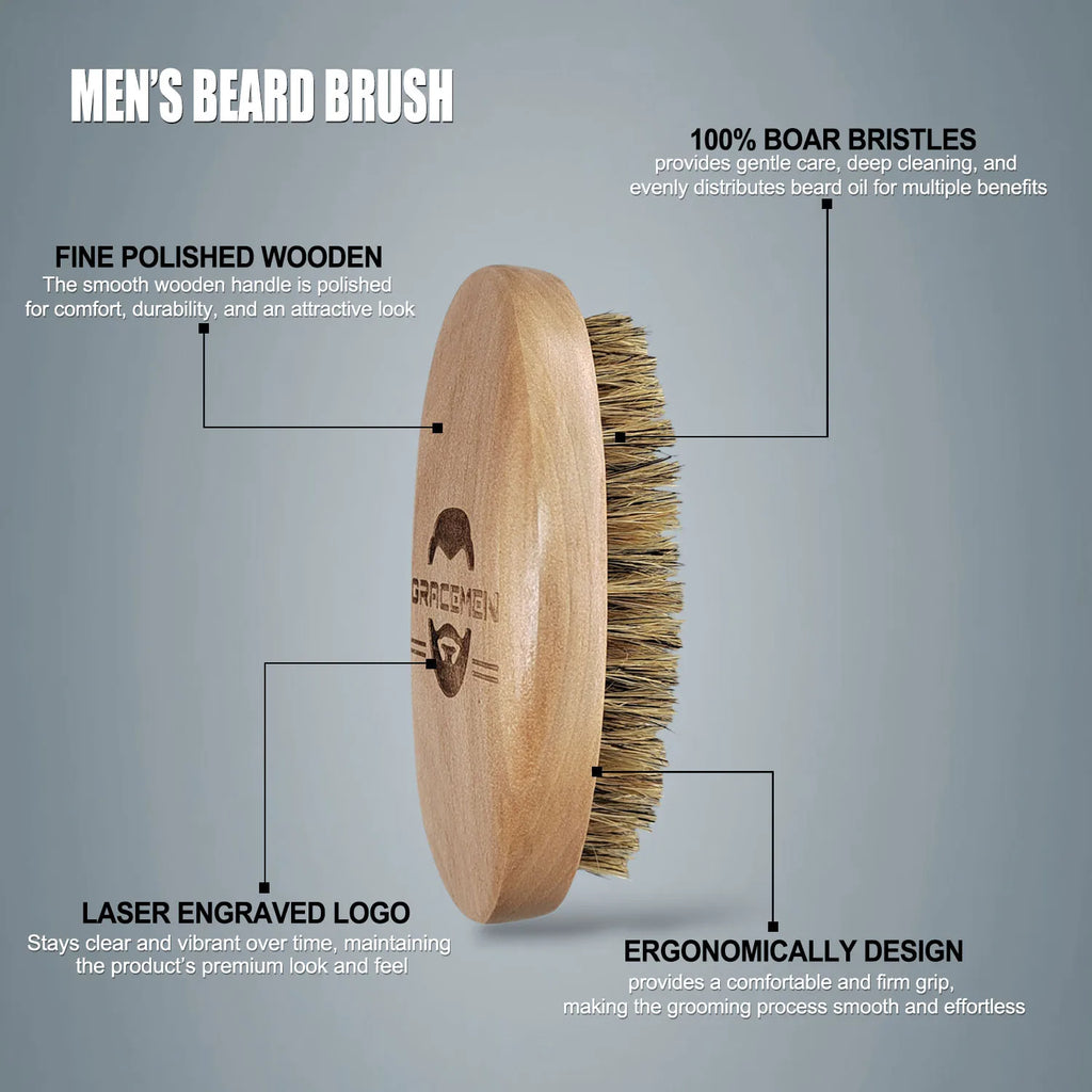 Beard Brush 100% Boar Bristles and Natrual Wooden Handle
