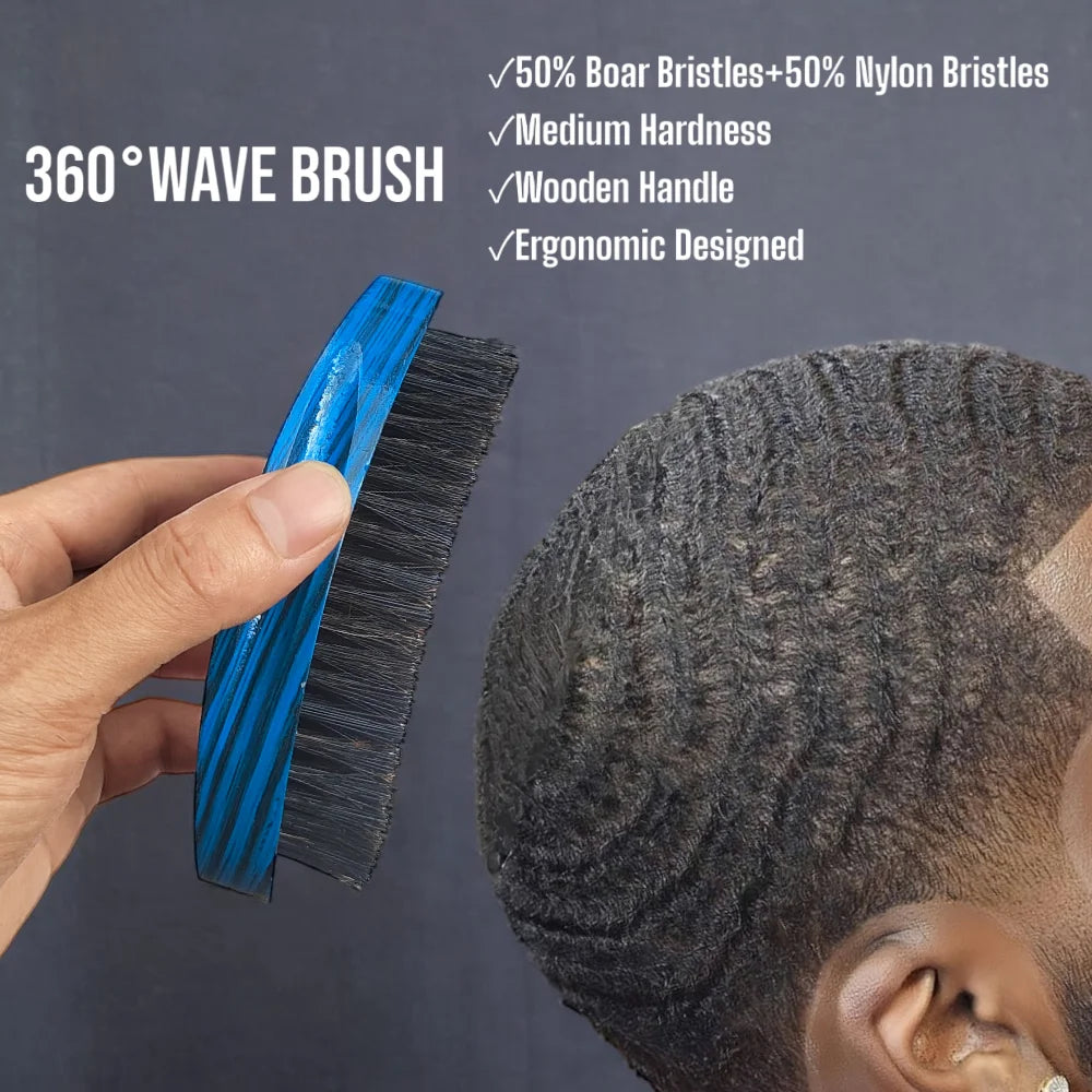 360 Wave Brush for Men Curved Wooden Handle