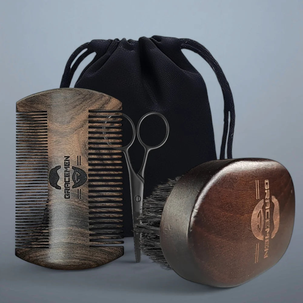 Beard Kit - Retro Beard Brush & Dark Wooden Comb